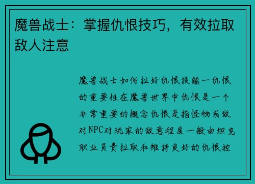 魔兽战士：掌握仇恨技巧，有效拉取敌人注意